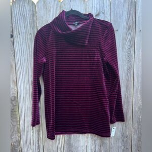 NWT Talbots Striped Velour Long Sleeve Button Back Burgundy Top Pet Small